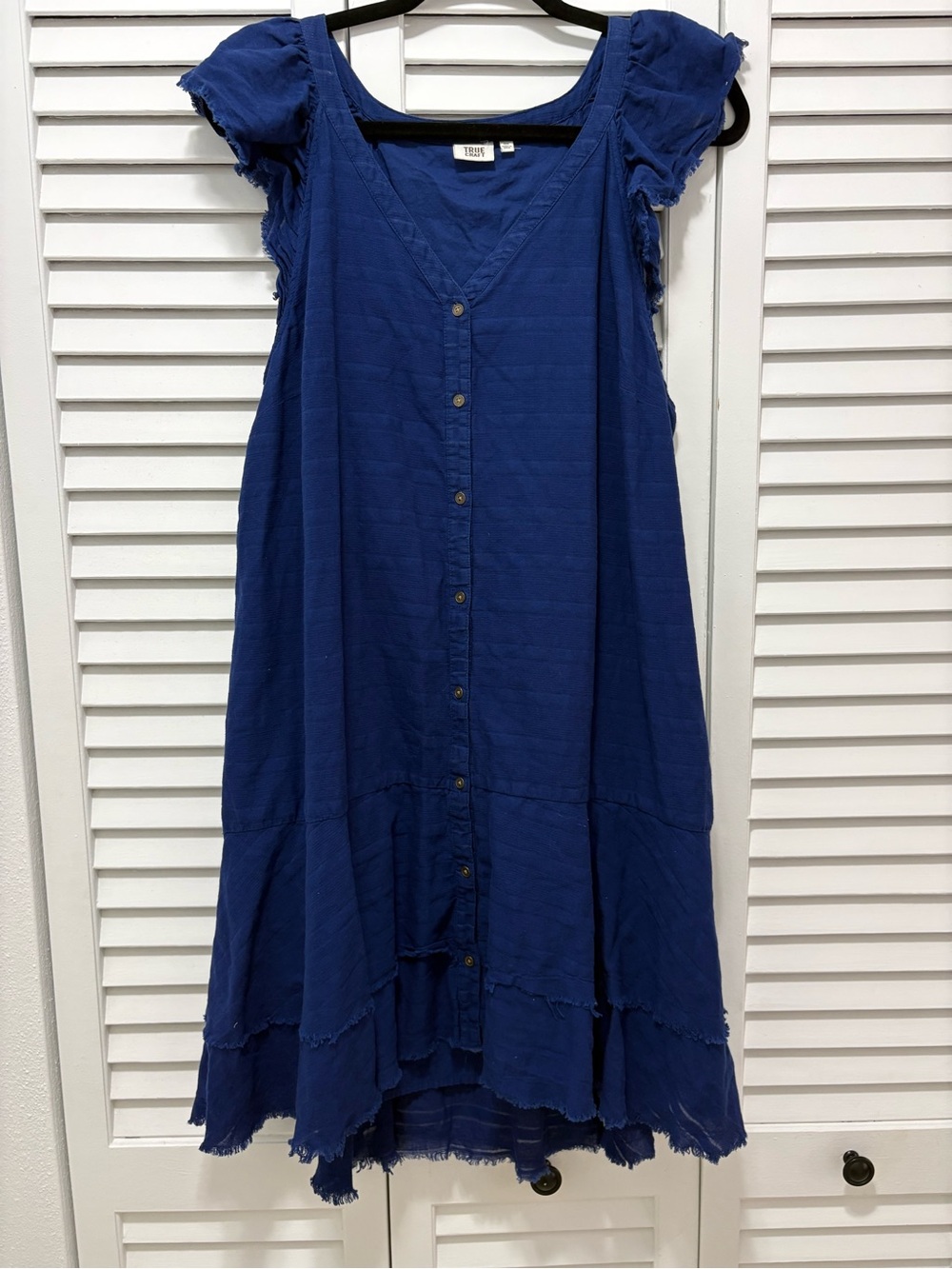True Craft Royal Blue Button-Front Maxi Dress with Ruffle Sleeves